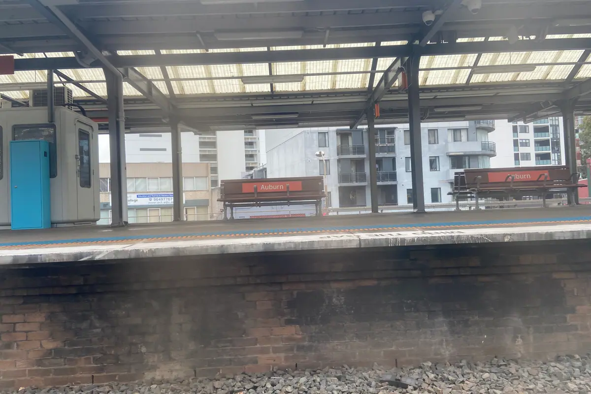 Auburn railway station platform, a transport and retail hub in Sydney's west